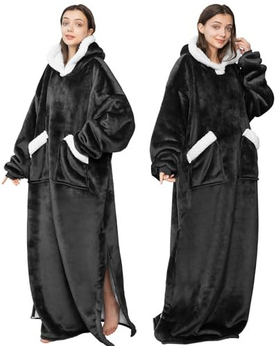 Emwwat Hoodie Decke Damen, Decke mit Ärmel Pullover Decke Hoodie, vielseitige Kapuzendecke mit riesigen Taschen, geeignet für Männer, Damen Erwachsene (Schwarz)