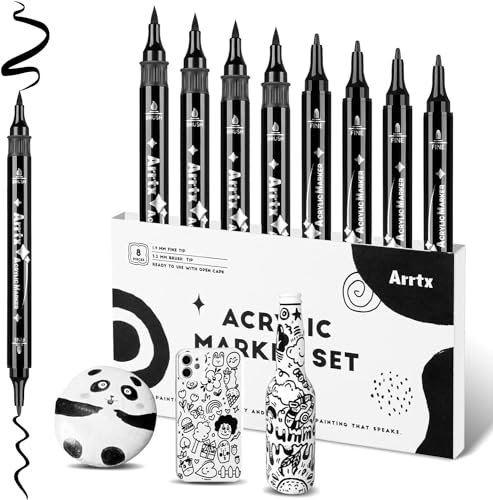 Arrtx Set de 8 marqueurs acryliques à double pointe (pointe pinceau et pointe fine) Encre noire Marqueurs à dessin pour pierre, bois, graffiti, toile, œuf de Pâques