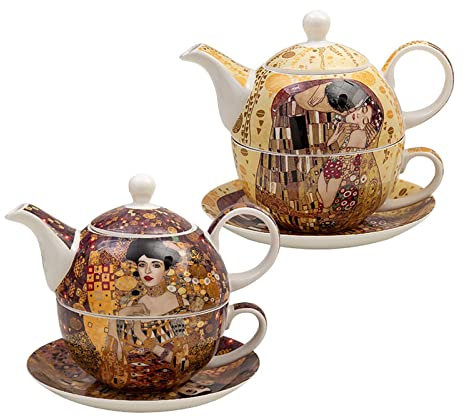FUNNYBSG Lot de 2 théières et Tasses, Peinture Klimt en Porcelaine Tendre, Conception de Trou de Filtre en Pot, Fine et Transparente en Porcelaine Tendre, pour Le thé de l'après-midi au Bureau
