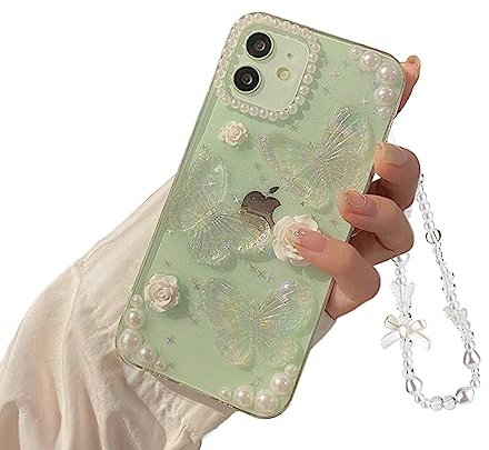 Ownest Compatible with iPhone 13 Mini 3D Butterfly Floral Clear with Design Aesthetic Women Teen Girls Glitter Crystal Sparkly Cute Girly Phone Cases iPhone 13 Mini Protective Cover+Pearl Chain