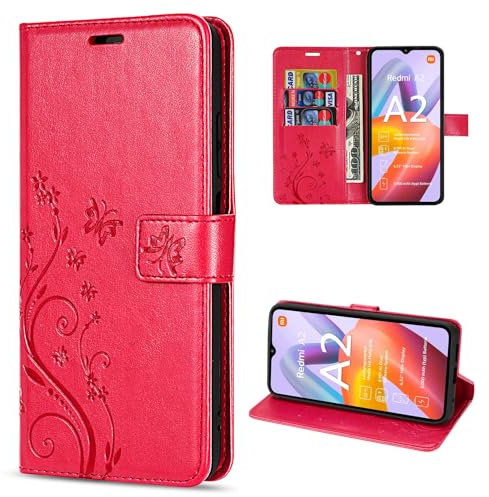 betterfon Hülle Kompatibel mit Xiaomi Redmi A2 | Premium PU Leder Handyhülle Wallet Case für Redmi A2 | Schutzhülle Blumen Klapphülle Handyhülle | Rot