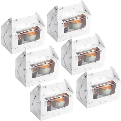 Coolty 50pcs Cajas para Tartas 2 Agujeros Cajas para Cupcakes con Asa para Embalaje Panadería Pastelería Galletas Magdalenas Cupcakes Postres Tartas (Marble White)