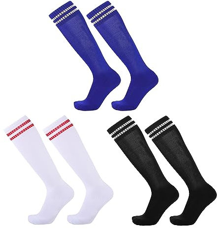 SKHAOVS 3 Paar Kinder Lange Fußballsocken, Kniehohe Fußball Socken Rugby Basketball Socken, Atmungsaktive Elastische Sportsocken Trainingssocken für 5–12 Jahren, Jungen und Mädchen (White,Blue,Black)