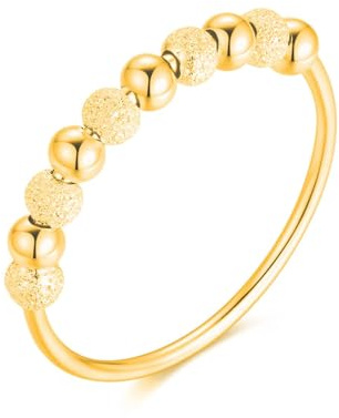 Anti-Stress Ring aus 925 Sterlingsilber mit drehbaren Glitzer-Kugeln, Dekompression Entspannungs-Helfer mit Perlen zum Drehen für Frauen und Damen, Angstring Beruhigend & Therapeutisch (Gold, 54)