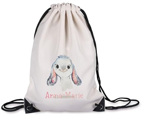 timalo® Kinder Turnbeutel personalisiert mit Namen | Sportbeutel bedruckt | süße Tiermotive | Kindergarten Stoffbeutel Geschenke Mädchen Jungen | 01- Hase