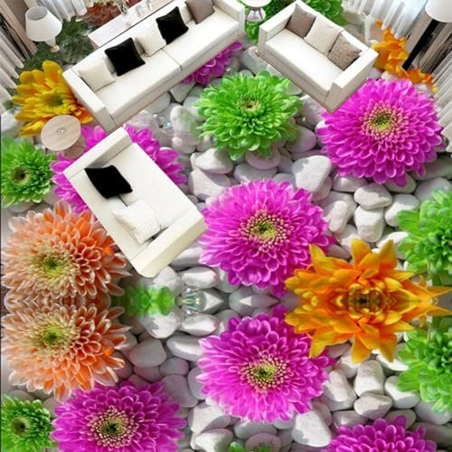 3D Illusion Stickers Benutzerdefinierte Selbstklebende Bodenwandbild 3D-Blumen Kopfsteinpflaster Pflanzen Bodenaufkleber Badezimmer Wohnzimmer Pvc Wasserdichte Tapete 3 D, 430 * 300 Cm