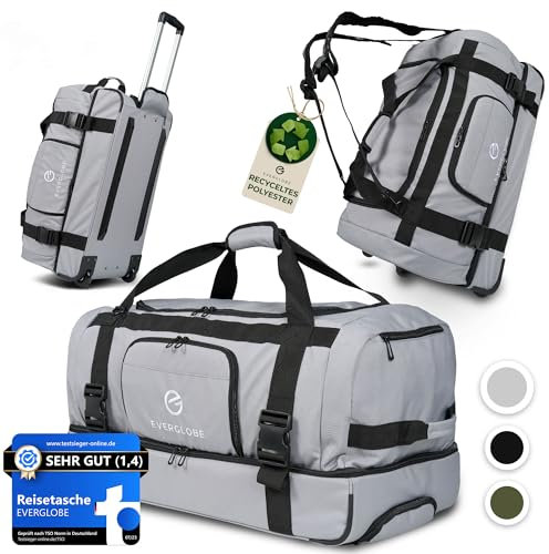 EVERGLOBE Reisetasche mit Rollen 90l Groß - 3in1 Tasche + Trolley + Rucksack | Reisekoffer mit Rollen Travel Bag Sporttasche Duffle Bag Koffer Urlaub Reise Outdoor Sport | Damen und Herren Grau