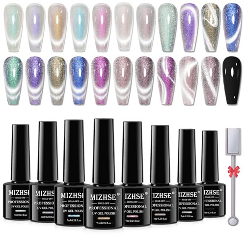 MIZHSE Cat Eye UV Gel Nagellack Set - 8 Farben 9D Chamäleon Cateye UV Gel Nail Polish Set Cateye Magnet UV Nagellack Glitzer Cat Eye Cel Magnet Nagellack mit Magnetstift Schwarze Basis 7ml