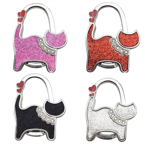 Cat Design Purse Hooks for Table and Bars, Shimmery Cute Rhinestone Cat Foldable Purse Hook, Portable Purse Hanger Organizers Hooks Stylish Handbag Metal Holder, Textured Cat Shape Handbag Bag Holder