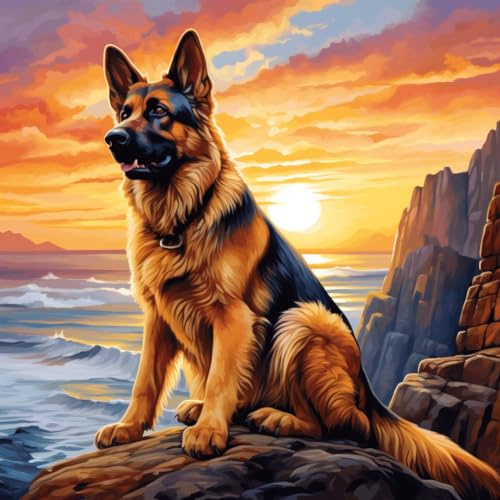 PPTRTYQT Plage Coucher De Soleil Berger Allemand, Peinture Par Numéro Adulte 40X40Cm Bricolage Tableau Peindre Par Nombre Pour Enfants Jouets À Peindre Cadeaux Peints À La Mainhome Decor,avec cadre