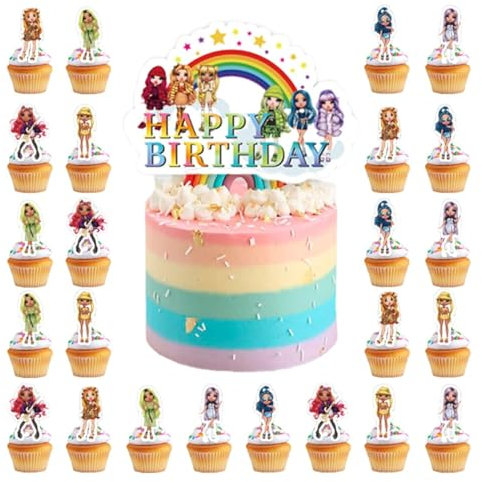 Rainbow Doll Geburtstagsdeko 25 PCS Rainbow Doll Cake Topper Cupcake Topper Für Kinder Party Dekoration für Mädchen Jungen Kinder Thema Party