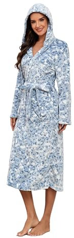 RONGTAI Hooded Leopard Print Bathrobe for Women, Long and Thick Fleece Material with Pocket, Lightly Luxurious, Blue, XL