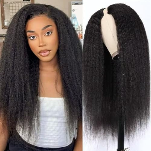 V Part Yaki Straight Human Hair Wig Glueless - 150% Density Upgrade U Part Wigs No Glue Full Head Clip In Half Wig V Shape Lace Front Wigs Ready To Go For Beginners 18 Inch