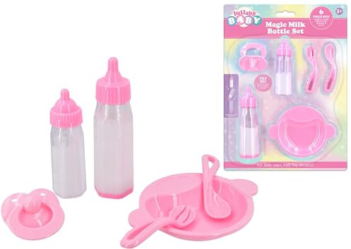 Lullaby Baby 6 Piece Baby Doll Accessories Set | Baby Doll Accessories Includes 2 Magic Milk Bottles, Feeding Bowl, Cutlery and a Dummy
