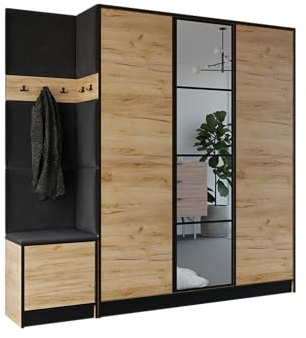 KIER FURNITURE Garderobenschrank Eden 209,6 cm - Modern Flurgarderobe - Flurschrank mit Schuhschrank - Garderobe mit Sitzbank Craft Eiche & Polsterstoff Schwarz 209,6 x 205 x 39 cm