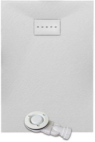 Thermopanel SMC White Shower Trays Base Slate Stone Effect Textured Non Slip with Low Profile Waste and Holes Cover - 1000 x 700mm