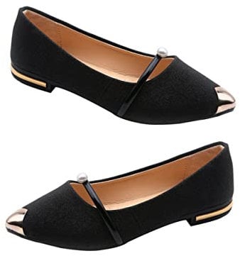 ANDRESLAD 1pair Pearl Pumps Pointed Toe Heels Dress Ballet Flats with Straps Pointy Shoes Woven Flats for Women Beige Flat Women Flat Shoes Slipper Pearl Shoes for Women Single Glitter Black