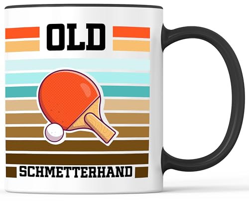 Tasse mit Spruch Old Schmetterhand Becher Tischtennis Table Tennis - lustiges Geschenk - Kaffeebecher als Geschenkidee - Kaffeetasse 330ml - Weiss-Schwarz