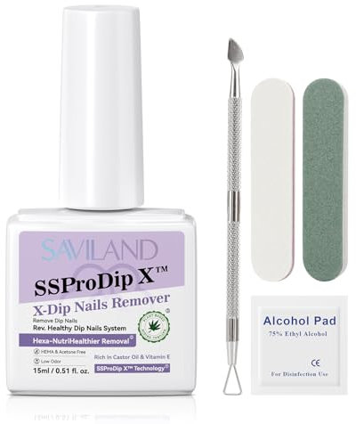SAVILAND Pro Dip Nagelentferner Set: 15ml Dip Pulver Entferner für Nägel Rizinusöl & Vitamin E Nagel Dip Pulver Entferner Kein Einweichen oder Wickeln Erforderlich mit Nagelschaber für Effektive