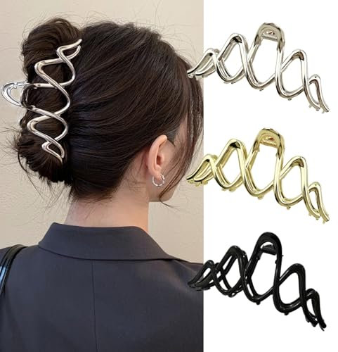 Aobesky Große Haarklammer mit Wellenform, Metall Haarspangen Damen für Dickes Haar, Starker Halt Haar Klaue Clips Haarstyling Accessoires für Frauen Mädchen (Gold, Schwarz, Silber)