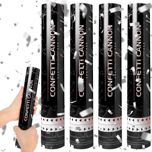 Mineup 4 * Konfettikanone, 30 Cm Party Popper, Silber, Schwarz, Metallic Rectangular Mit Farbigen Akzenten, Hochzeiten, Geburtstage, Party, Kunststoff, Papier