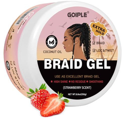 Braid Gel Haute Brillance Cheveux Bouclés, Locs, Twist, Tresses, Edge Control - Tenue Forte, Non Grasse, Dompte les Frisottis, Facile à Utiliser Gel Cheveux Afro Braiding (8.8 OZ Saveur fraise)