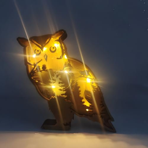 Drawelry 3D Holz Eule Statue Holzschnitzerei Ornamente mit LED Nachtlicht Waldtiere Berg Holzskulptur Kunsthandwerk Dekoration für Heim Büro Schlafzimmer Wohnzimmer Tisch Wandkunst Deko (Eule)