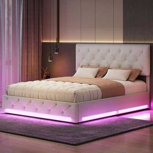 Doppelbett Polsterbett 140x200 mit Bettkasten, LED Bett mit Stauraum und Lattenrost, Verstellbares Kopfteil, Hydraulisch Stauraumbett Jugendbett Bettgestell, Ohne Matratze (Beige, 140 x 200 cm)