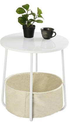 FurnitureR Table d'appoint ronde, 45 x 50 cm, haute brillance, moderne, avec panier de rangement en tissu, espace de rangement pour salon et chambre à coucher, blanc/beige, sans vacillement et montage