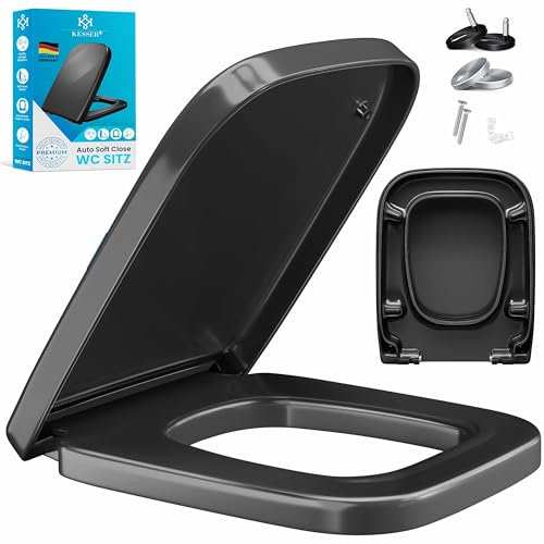 KESSER® WC Sitz mit Absenkautomatik Toilettendeckel Quick-Release-Funktion und Softclose - einfache Montage Klodeckel aus Duroplast Toilettensitz mit Edelstahl Befestigung (Wc Sitz E-Form - Schwarz)