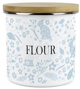 Wild Rabbits Flour Canister - Blue Foliage & Wildlife Homewares Gifts - 1.2L Enamel Food Storage Kitchen Container