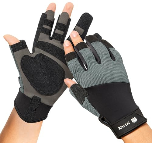 FitsT4 Sports Sailing Gloves Padded Palm Glove 3 Finger Water Resistant Moisture Wicking Kayaking Paddling Gloves for Sailing, Yachting, Fishing,Grey,L