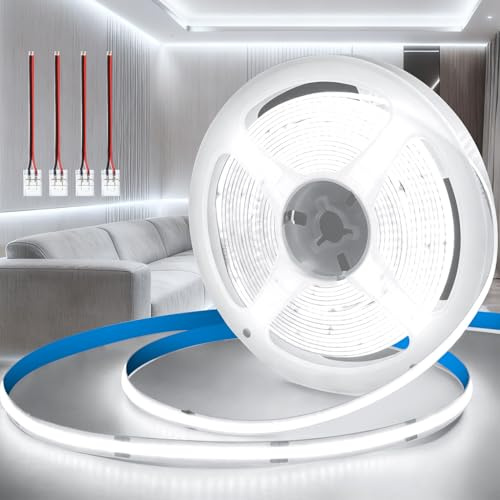 KSIBNW 24V COB LED Streifen Weiß, 10M Selbstklebend LED Strip Kaltweiß 6000K Licht Band 8mm Breite CRI90+ 320LEDs/m Flexibel LED Leiste für Wohnmobil Küche Schlafzimmer Dekoration, Ohne Netzteil