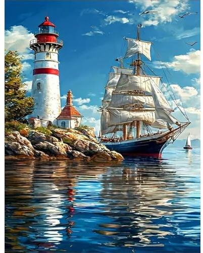 GLIDIAM 40x50cm Eckige Steine Diamond Painting Leuchtturm, Diamant Malerei Bilder Segelschiffe Meer, DIY Full Drill Basteln Erwachsene, Mosaik Stickerei Kreuzstich Geschenk für Wanddeko Wohnzimmer
