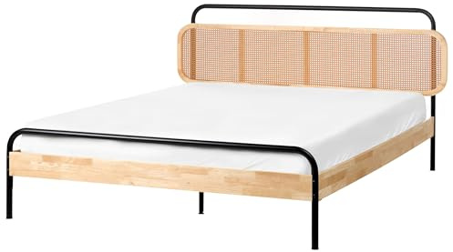 Beliani Modern EU Double Size Bed Frame 5ft3 Slatted Base Viennese Braid Headboard Light Brown Boussicourt