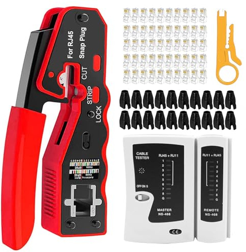 Pince à sertir cosse électrique RJ45 – Kit Outils Réseau avec Testeur de Câble Ethernet CAT5 CAT6 – Outil de Sertissage et Réparation Informatique Professionnelle