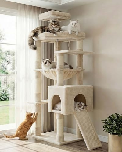 Heybly 163cm Heavy-Duty Cat Tree for Large Cats with Wide Base HCT027M | Indoor Cat Tower with Scratching Posts & Board, Cat Furniture with Big Platforms, Extra-Large Hammock, Beige