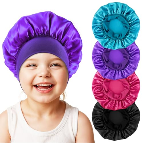 KFHENSOMR Silk Bonnet für Kinder, 4 Stück Seidenhaube Kinder, weiche Seide Satin Haube für Kleinkind, Elastische Seidenhaube zum Schlafen für Mädchen(Königsblau, Burgunderrot, Schwarz und Tiefviolett)