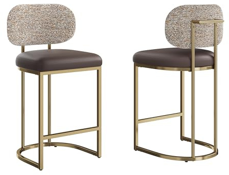 ALPHA HOME 2er Set Barhocker, Bistrohocker Tresenhocker Barhocker mit Lehne | gepolsterter Barstuhl, Küchenstuhl mit Metallgestell und Fußstütze, Sitzhöhe 63 cm, Einfache Montage, Grau-gold