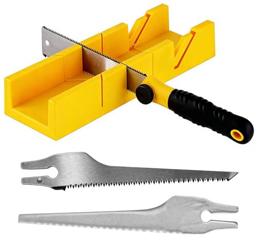 Gehrungslade mit Säge, SGZIOO Gärungsschablone mit Säge, 4-Teiliges Gehrungssäge Hand mit 3 Sägeblättern, Schneidlade 22,5° 45° 90° Winkelschnitte, Gehrungssäge für Sockelleisten, Präzise Holzarbeiten