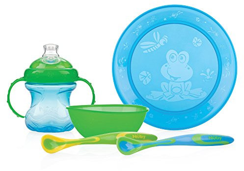 Nûby Couverts - Set repas (assiette, bol, gobelet + 2 cuillères) couleur GARCON (bleu/vert)