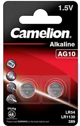Camelion 12050210 - Alkaline Knopfzellen-Batterie ohne Quecksilber AG10/LR54/LR1131/389 mit 1,5 Volt, 2er Set, Kapazität 78 mAh