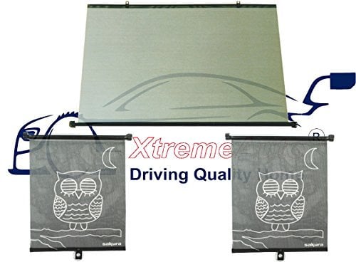 XtremeAuto® FULL REAR CAR WINDOW BLIND SET: Black, Rear Roller Blind, 93cm wide X 68cm tall + 2 X OWL Side Roller Blinds - UV Ray Shield/Shade Protection for Children, Baby, Pets.