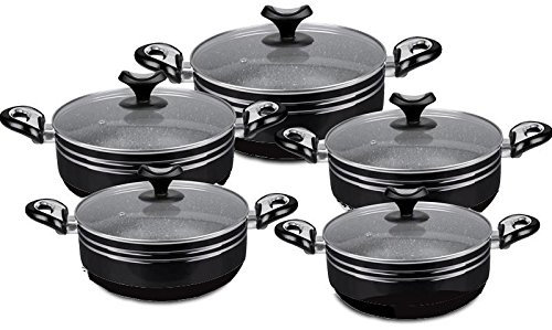 Marble Coated Non-Stick Casserole Cooking Pot 10 Piece Set with Glass Lid 20-28cm