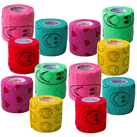 5,1 cm Vet Wrap Tape Bulk (Lächeln Muster in Gelb, Rot, Blaugrün, Neongrün, Neonrosa und Pink mit rotem Herzmuster) (24 Stück) Selbstklebend Haftende Flexbandage Rap Grip Rolle Hund Katze