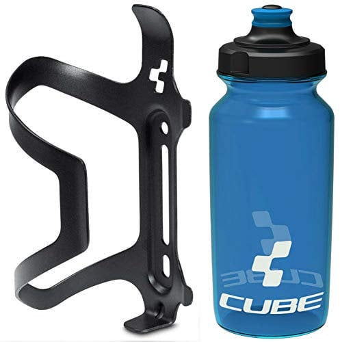 Cube HPA Anodised Side Loading Cage - Black & Flow Bottle - Blue, 500ml / Alloy Lightweight Bicycle Cycling Cycle Bike MTB Mountain Road Water Drink Flask Bidon Bracket Mount Holder HPP Accessories