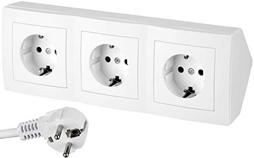 Regleta de 3 enchufes, cable de alimentación, serie T1, blanco puro