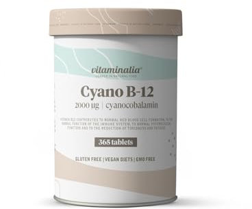 Vitamina B12 de Vitaminalia | Cianocobalamina 2000 mcg | Suministro para 1 Año (12 Meses) | Suplemento para Veganos y Vegetarianos | Vegano, Sin Gluten, Sin Lactosa, 365 Tabletas