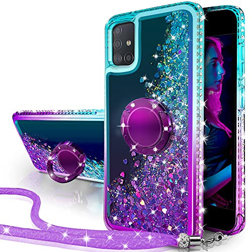 Miss Arts für Galaxy A51 4G Hülle,[Silverback] Mädchen Glitzern Handyhülle Hülle mit Ringständer, Cover Silikon Flüssigkeit Clear Schutzhülle für Samsung Galaxy A51 4G -LILA