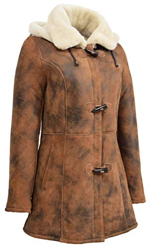 Fashion Goods A1 Manteau de sport en peau de mouton pour femme 3/4 à capuche Cognac Shearling Jacket - Armas - Marron - 44